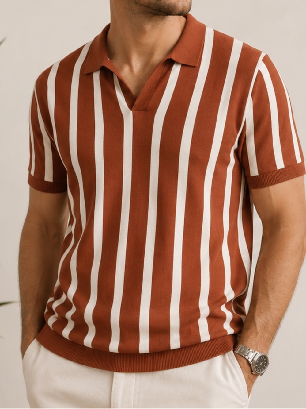 H&M Striped Knit Polo Shirt Rust Ivory Men’s XL Retro Resort Preppy